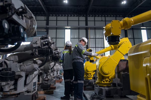 Techniker prüft den elektronischen Betrieb auf Reparatur und Wartung Ingenieur steht am Roboterarm und bedient Maschine in Industriefabrik