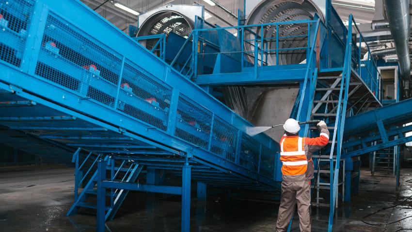 Mann reinigt Industrieanlage mit Hochdruckreiniger - Unterhaltsreinigung in der Industrie
