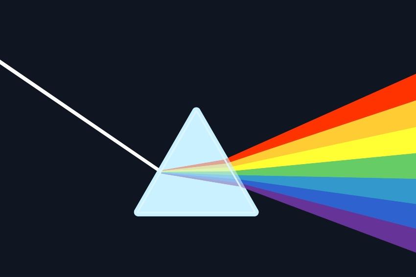 Symbolbild eines Prismas welches weißes Licht in alle Farben aufteilt - Verfahren der Oberflächenanalyse