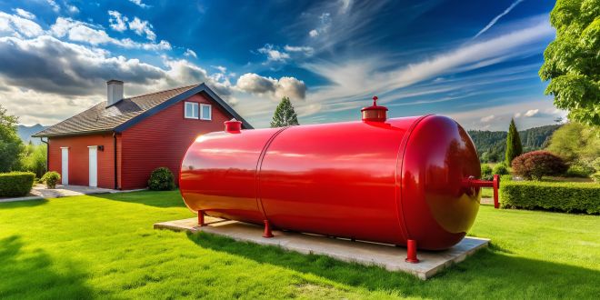 Riesiger roter Heizöltank, neu, steht im Garten vor dem Haus.