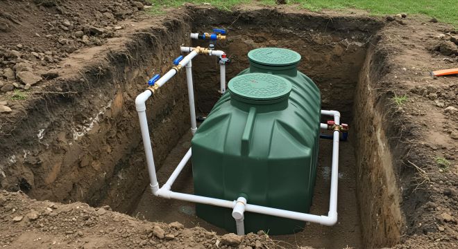 Neue Brauchwasser Zisterne, die im Garten eingesetzt wird. Noch ist der Erdaushub offen.
