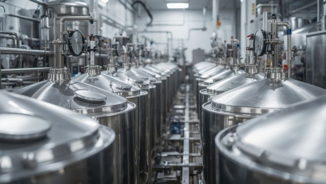 Reihe von Tanks aus Edelstahl in industrieller Umgebung