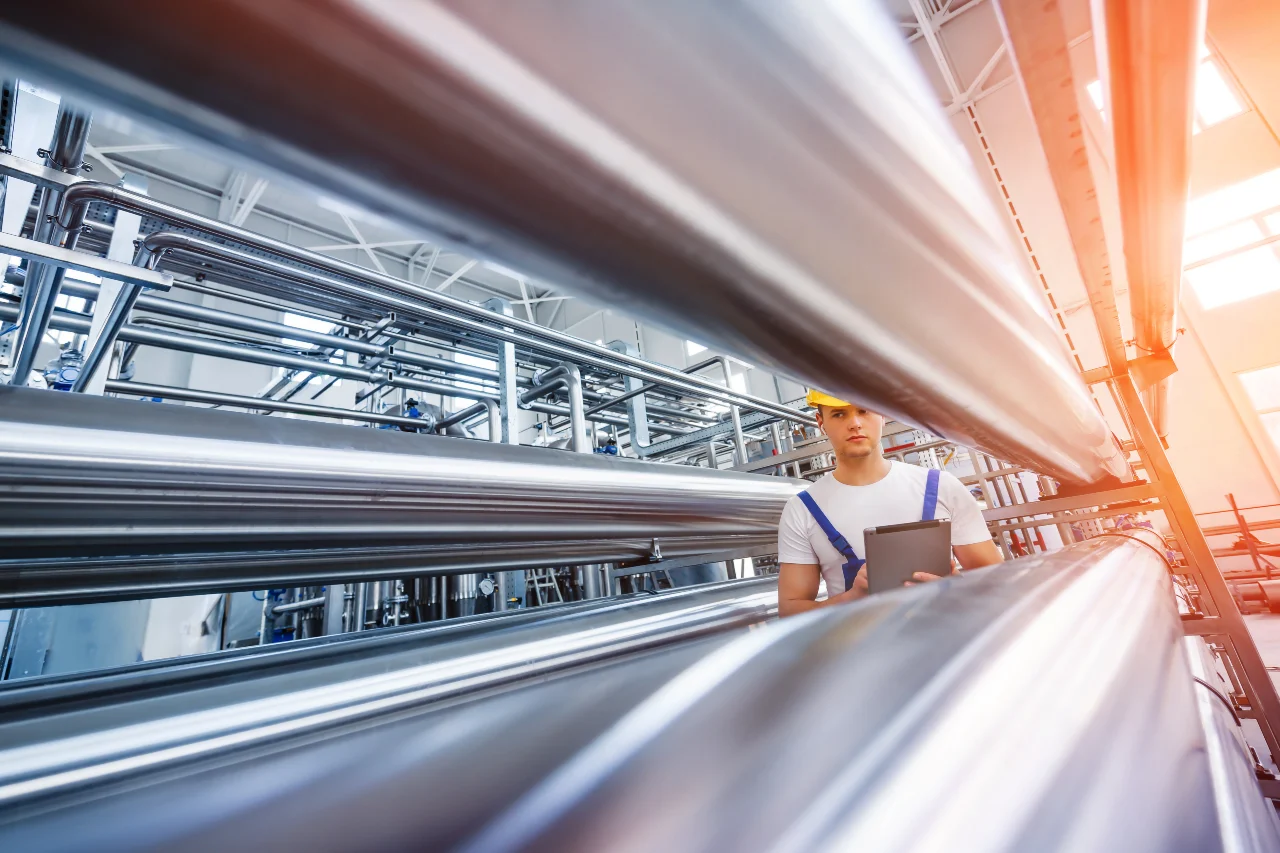 Ingenieur geht durch Chemieanlage und prüft Zustand