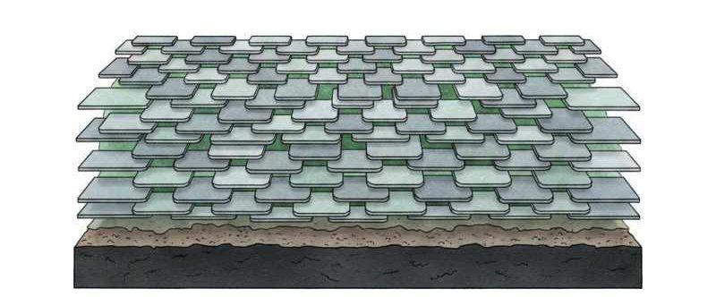 Schematischer Aufbau einer Zinklamellenbeschichtung Illustration des dachziegelartigen Schichtaufbaus einer Zinklamellenbeschichtung auf Stahl