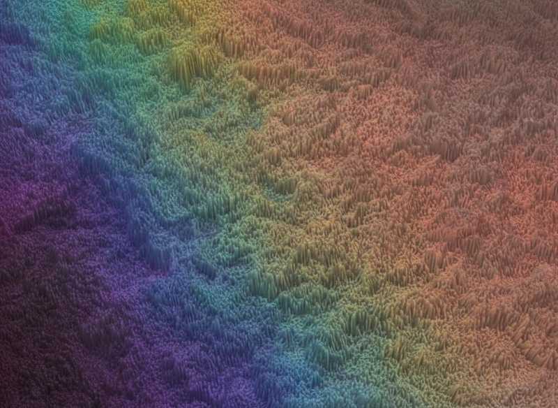 Farbige Darstellung einer Oberflächenstruktur auf Mikro- bis Nanometerskala -- Rauheit bestimmt Glanz und funktionale Eigenschaften