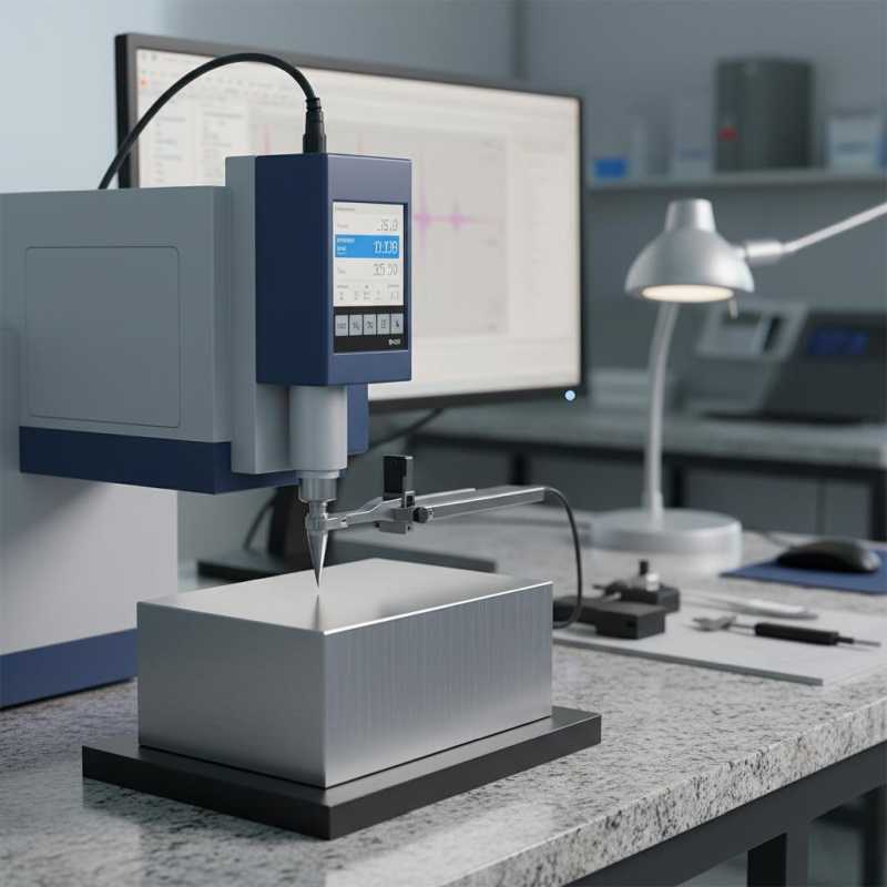 Profilometer misst die Oberflächenrauheit eines Metallwerkstücks in einem Qualitätslabor, Messwerte auf Display sichtbar