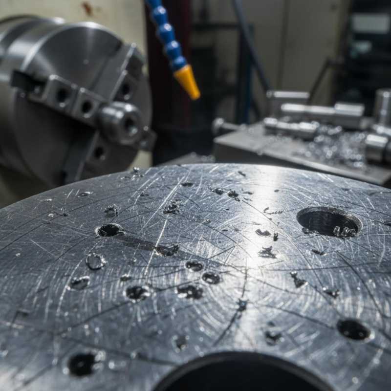 Metalloberfläche mit sichtbaren Dreh- und Schleifspuren an einer CNC-Drehmaschine -- typisches Rauheitsmuster aus der Metallbearbeitung