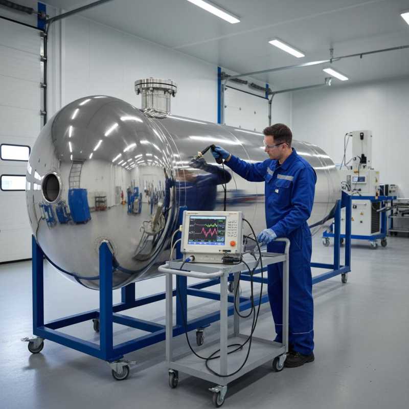 Prüftechniker untersucht einen Edelstahl-Druckbehälter mit Ultraschallprüfgerät auf Anzeichen von Spannungsrisskorrosion in einer industriellen Inspektionsanlage
